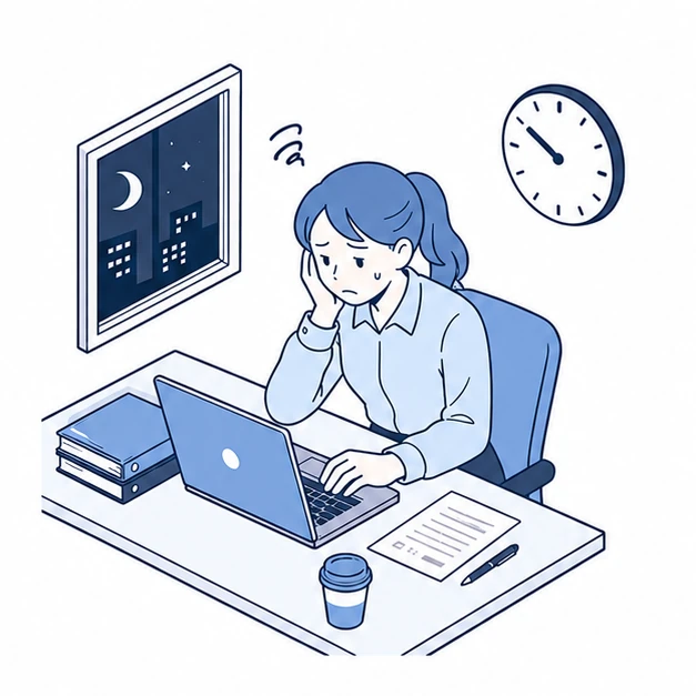 残業して日報を入力している担当者のイラスト