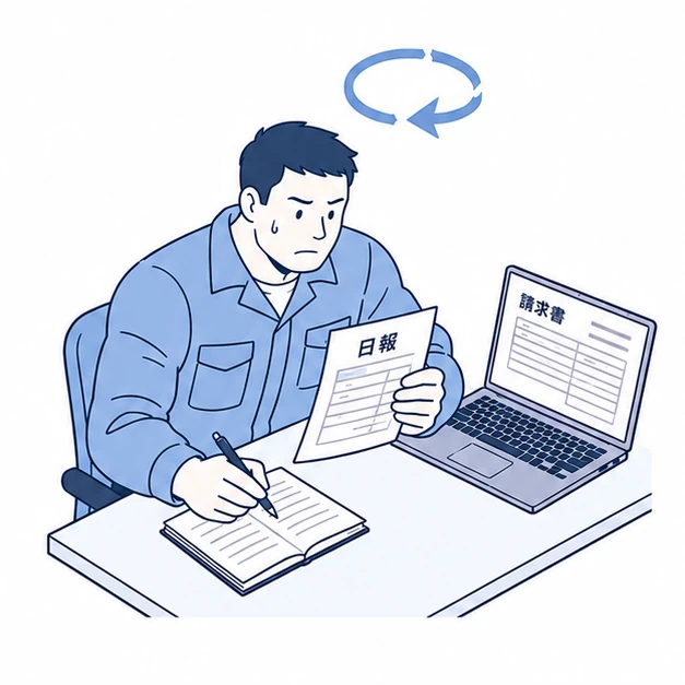 日報から請求書を作り直している担当者のイラスト