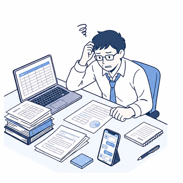 Excel・紙・LINEの情報がバラバラで困っている担当者のイラスト