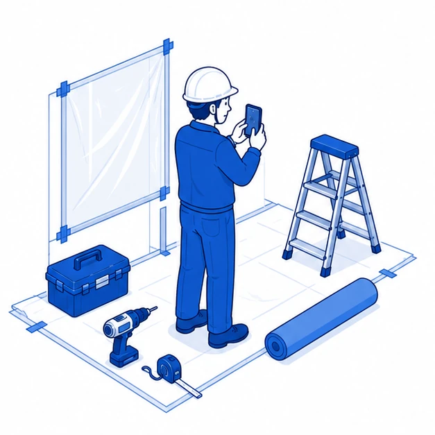 現場担当者がスマホで日報を入力しているイラスト