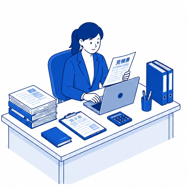 事務担当者がPCで見積書を確認しているイラスト