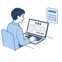 見積書をパソコンで作成している担当者のイラスト