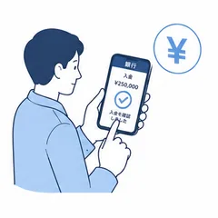 スマホで入金確認をしている担当者のイラスト