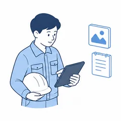現場でタブレットから日報を入力している担当者のイラスト
